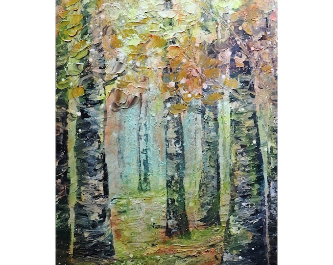 Tall Wall Art Morning Fog BIRCH TREES Original Painting Large Landscape Vertical Wall Decor