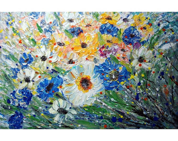 Flowers Painting Touch of Blue Meadow Oil Painting on Canvas ready to hang, art for business