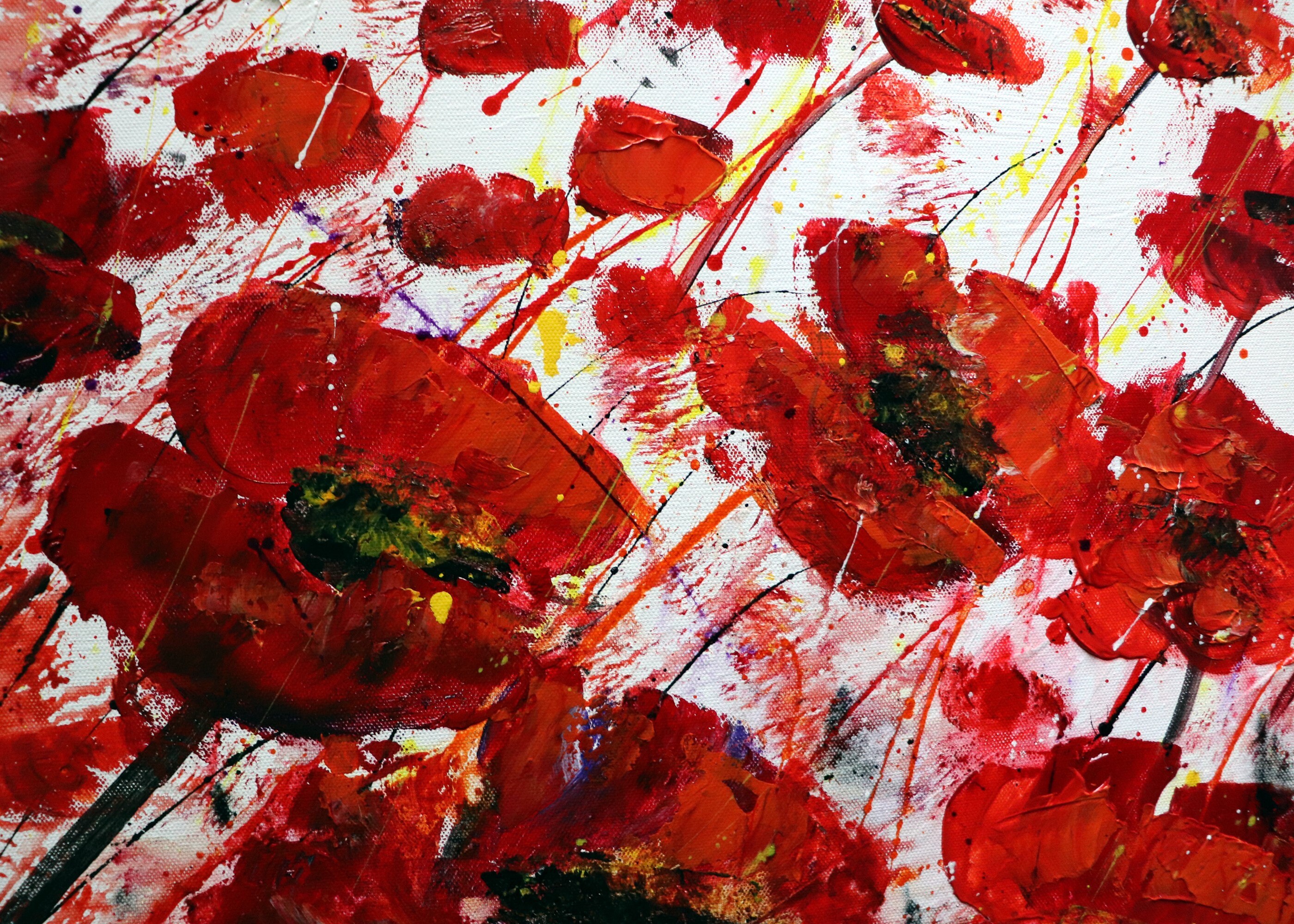 RED Abstract POPPY Flowers WHITE Gray Black Large Canvas Original