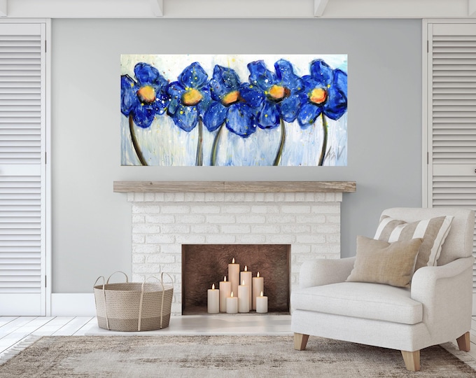 Original Blue Flower Painting 48x24, Large Floral Canvas Art, Modern Botanical Wall Decor