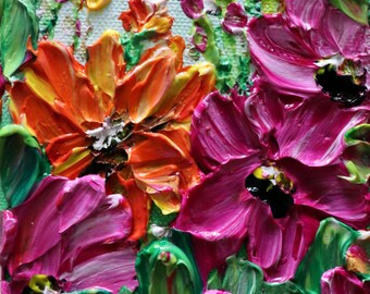 Mini Painting Fall Flowers Oil Impasto on Canvas, Colorful 4x4 Original OOAK