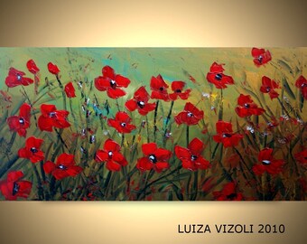 Original Modern Red Flowers Impasto Oil Painting Large Canvas Poppy Floral Art by Luiza Vizoli