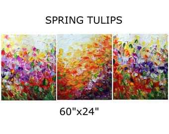 SPRING TULIPS Extra Large Painting Triptych Artwork Original Art made to order, other dimensions available