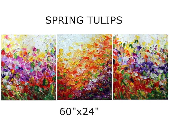 SPRING TULIPS Extra Large Painting Triptych Artwork Original Art made to order, other dimensions available