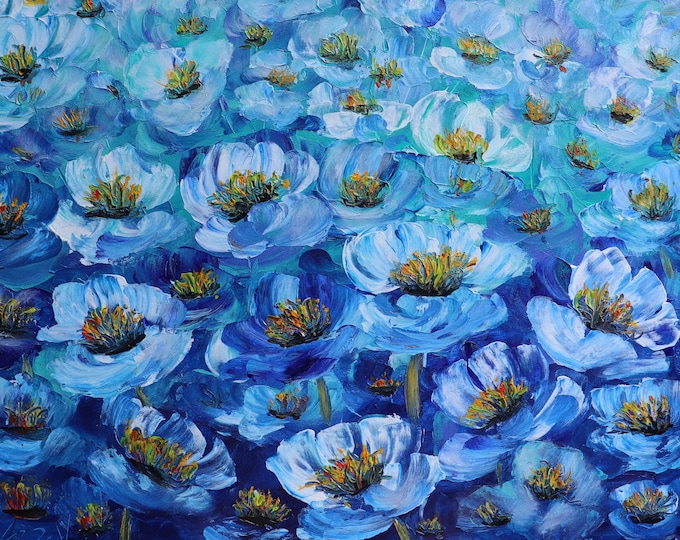 Original Blue Floral Painting 40x30, Azure Blossoms, Textured Flower Wall Art