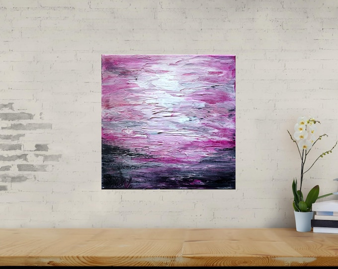 Minimalist Sunset Coastal Ocean Original Painting, Pink Fuchsia Gray Modern Art