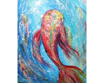 Red Koi Fish Turquoise Blue Waters Oil Painting by Luiza Vizoli Vertical Canvas