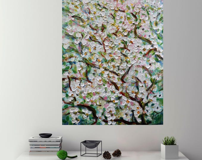 Almond Blossom Original Oil Painting, Textured Impressionist Floral Tree Artwork