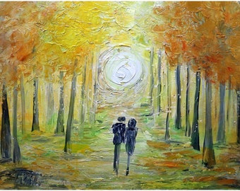 Romantic Wall Art Couple painting on canvas, Couple in Love Fall original Oil painting AUTUMN LOVE