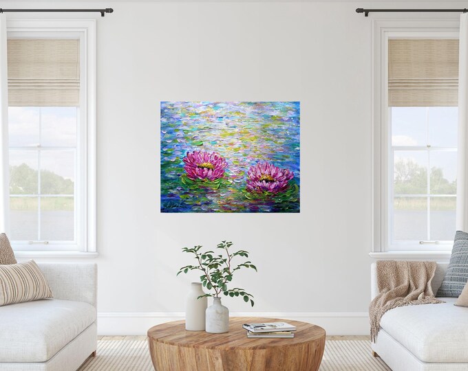 Water Lily Artwork, Lotus Flower Art, Impressionism Oil Painting, Lilies Pond Impasto Contemporary Canvas