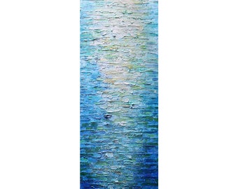 Ocean Serenity: Original Palette Impasto Painting of a Clear Sky Over the Blue Ocean on a Narrow Canvas