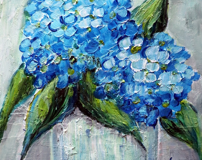 Blue Hydrangea Bouquet Impasto Oil Painting ORIGINAL ART by Luiza Vizoli