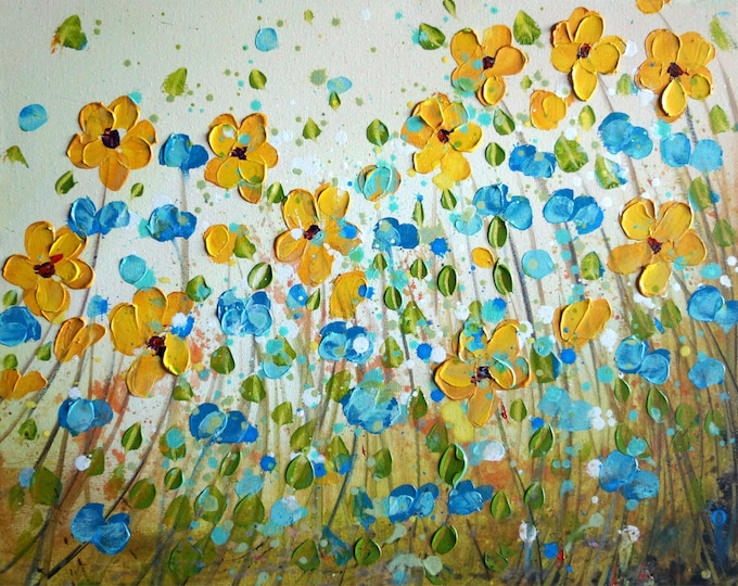 Impasto Yellow Daisy Painting Forget Me Not Flowers Blue Cream Ivory Art by Luiza Vizoli