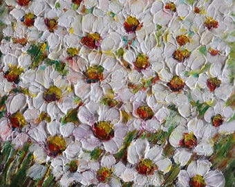 White Daisy Flowers Meadow – Original Oil Painting