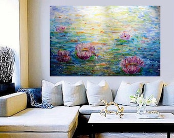 Abstract Water Lilies Conversation with Monet Extra LARGE Painting Original Textured Art 60x36, 48x30