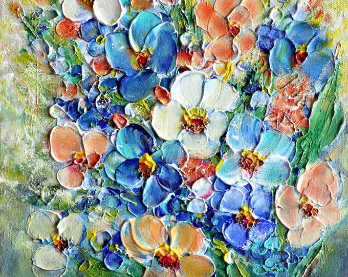 Narcissus painting, colorful artwork, impressionist bouquet wall decor, blue daisy flower , daffodils floral oil painting, original art