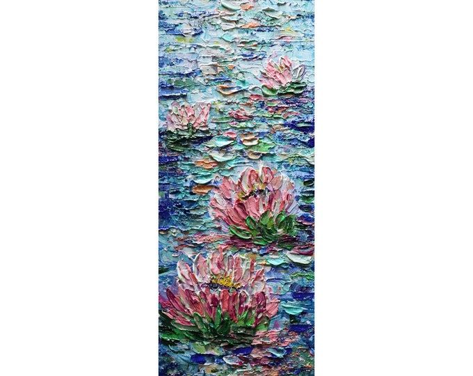 Water Lilies GIFT for MOM vertical wall art Original PAINTING canvas abstract, Long Narrow wall decor for bathroom, kitchen, entryway