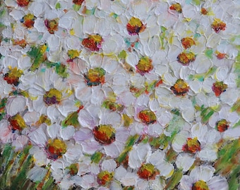 Original Daisy Painting 10x10, Morning Daisy Meadow, Textured Floral Wall Art