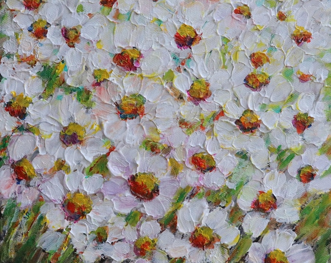 Original Daisy Painting 10x10, Morning Daisy Meadow, Textured Floral Wall Art