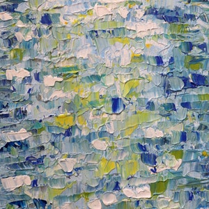 May include: Abstract painting with a textured surface. The painting features a mix of blue, green, yellow, and white paint.