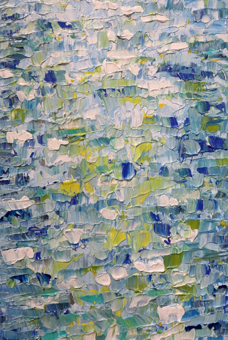 May include: Abstract painting with a textured surface. The painting features a mix of blue, green, yellow, and white paint.