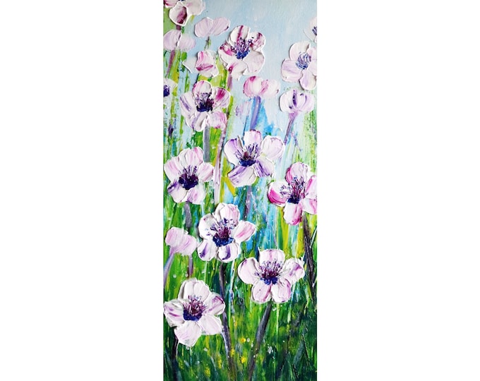 Wildflowers Long Narrow Vertical Original Painting ANEMONES White Purple Green Impasto Textured Oil Art by Luiza Vizoli, ready to ship