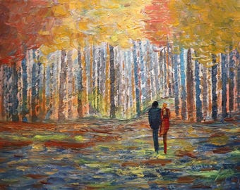 Autumn Forest Painting, Couple Walking in Woods, Original Textured Canvas