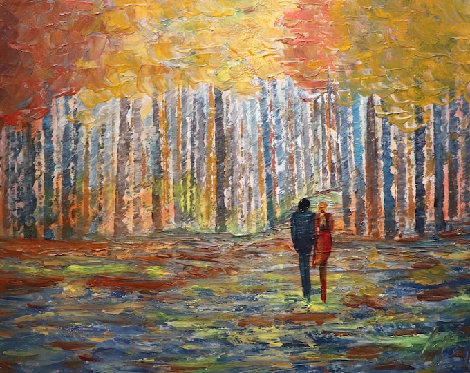 Autumn Forest Painting, Couple Walking in Woods, Original Textured Canvas