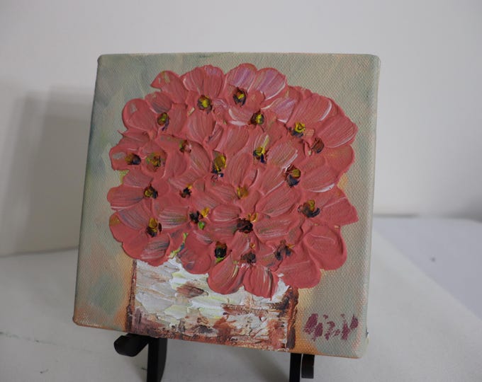 Original Pink Floral Painting, 6x6 Oil on Canvas, Textured Flowers Bouquet