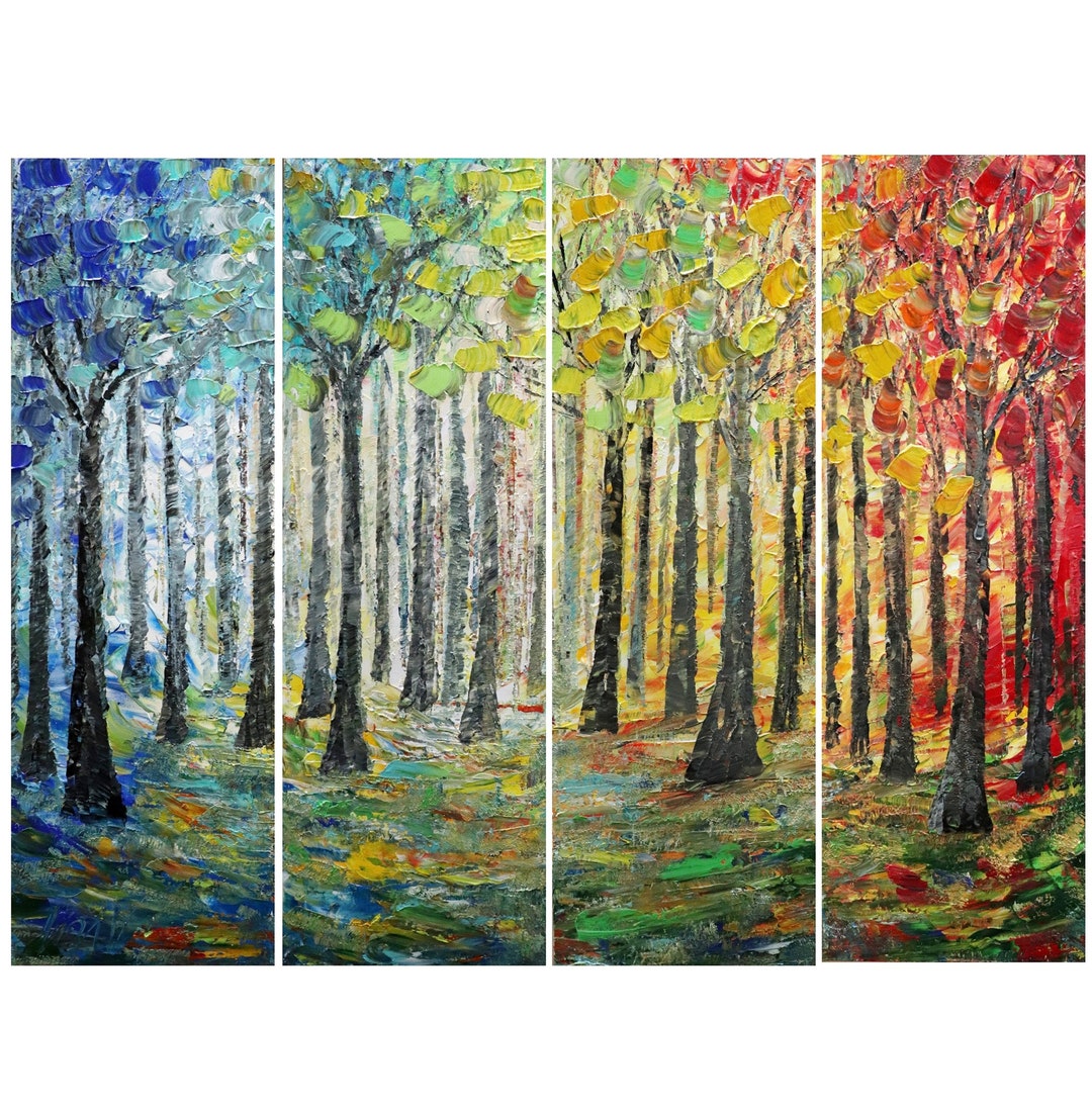 Large 4 Panels Painting Landscape SUNRISE SUN PATH Trees and Seasons