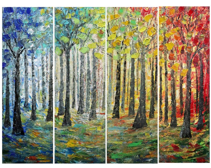 Large 4 Panels Painting Landscape SUNRISE SUN PATH Trees and Seasons Art by Luiza Vizoli 48x36