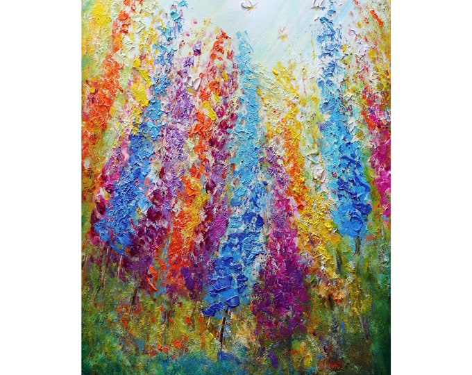 LUPINE WILDFLOWERS Textured Original Painting on Vertical Canvas Art by Luiza Vizoli Colorful Impasto Art