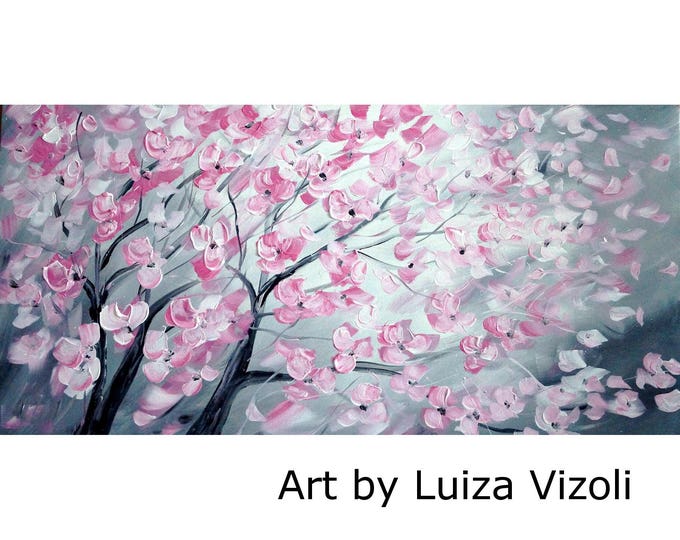 PINK GRAY Tree Original Oil Painting Pink CHERRY Blossom Gray Impasto Textured Large Fine Art by Luiza Vizoli
