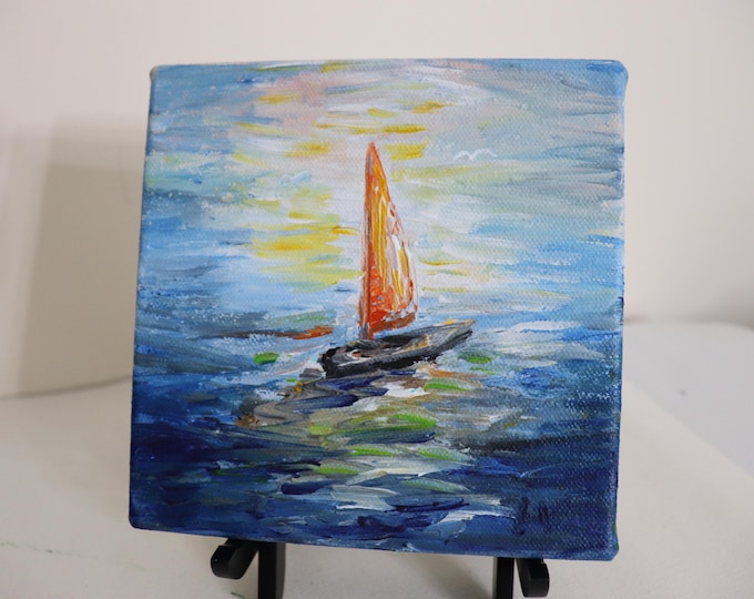 Orange Sailboat Painting, 6x6 Original Coastal Seascape