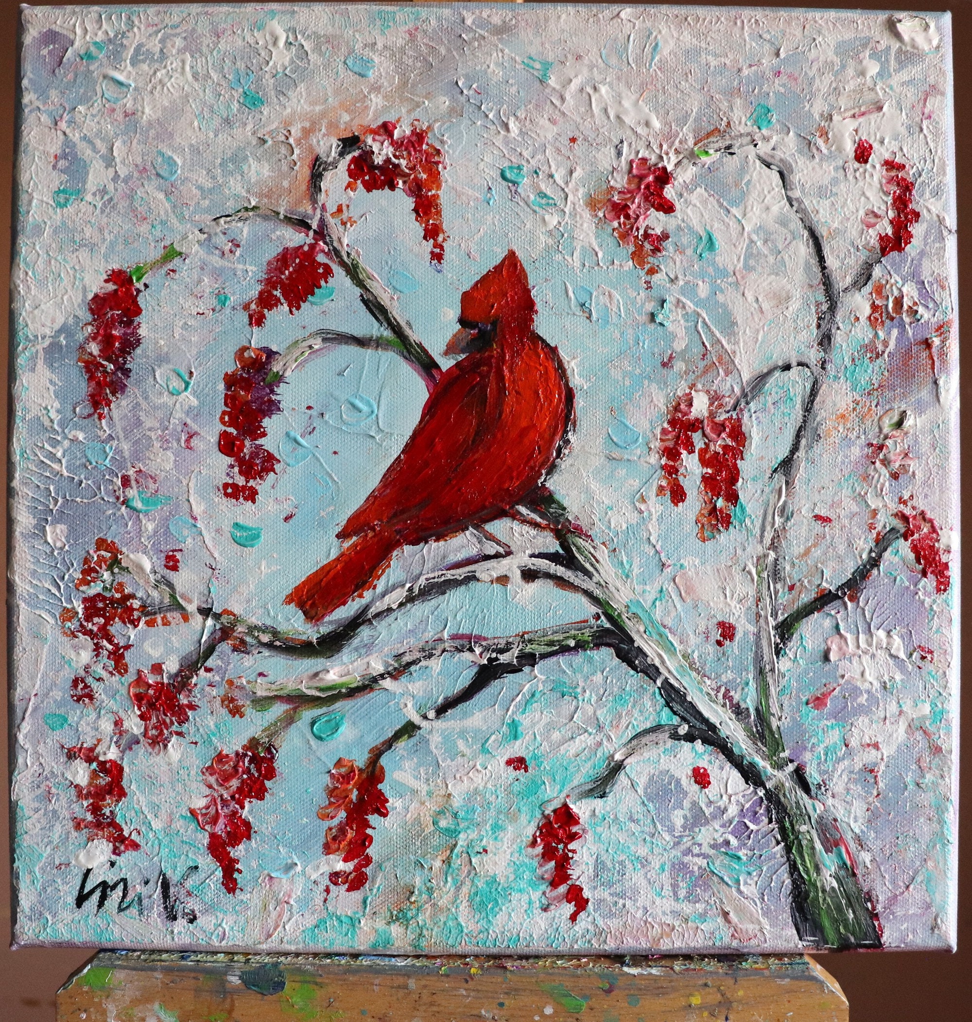 RED CARDINAL Winter Berries Painting Oil Impasto Textured Original Art  White Red Blue square canvas Christmas gift idea