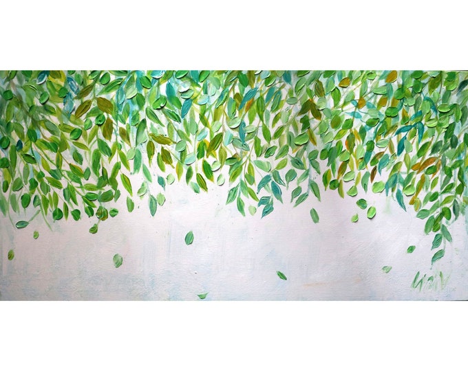 Leaves Original Oil Painting Green Aqua Turquoise White , Large Wall Art, Horizontal Painting, Green Leaves Canvas