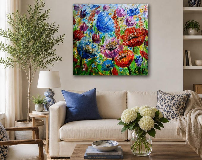 Colorful Wildflower Painting, Textured Floral Wall Art