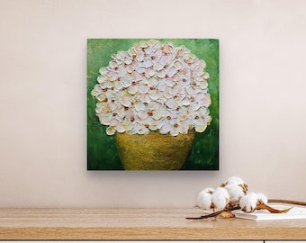 Original White Floral Painting 12x12, Golden Pot Blooms, Textured Flower Bouquet, Rustic Yellow Vase Wall Art