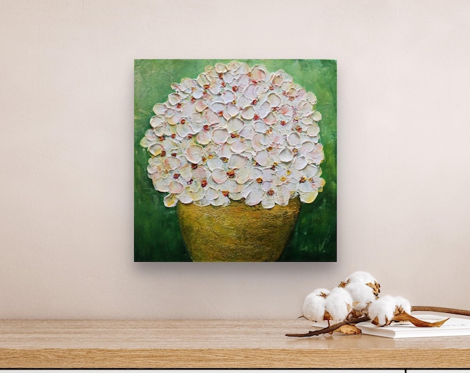Original White Floral Painting 12x12, Golden Pot Blooms, Textured Flower Bouquet, Rustic Yellow Vase Wall Art