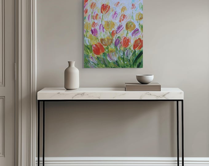 Tulip Flower Painting Original Floral Wall Art, Textured Impasto Spring Flowers Canvas 20x24