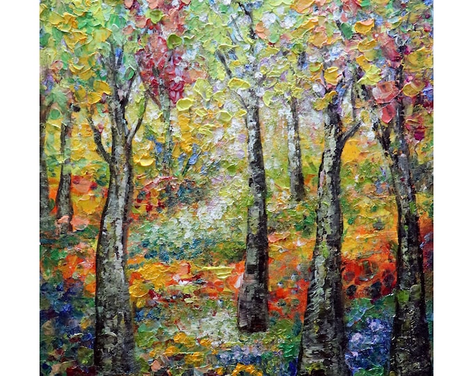 Colorful Blooming Flowers Summer Birch Trees Park Original Oil Painting Impasto A Glorious Summer Day Vertical Canvas