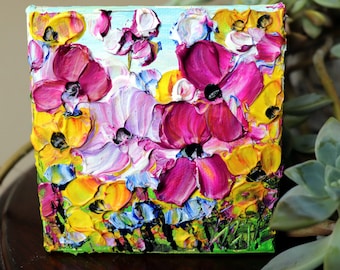 Original Oil Painting on Small Canvas, SPRING Petunia FLOWERS in White, Yellow, Purple Colors, Art by Luiza Vizoli