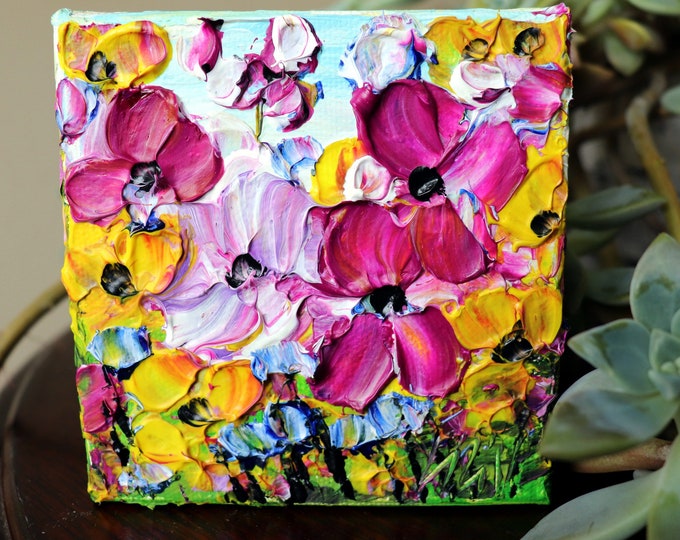 Original Oil Painting on Small Canvas, SPRING Petunia FLOWERS in White, Yellow, Purple Colors, Art by Luiza Vizoli