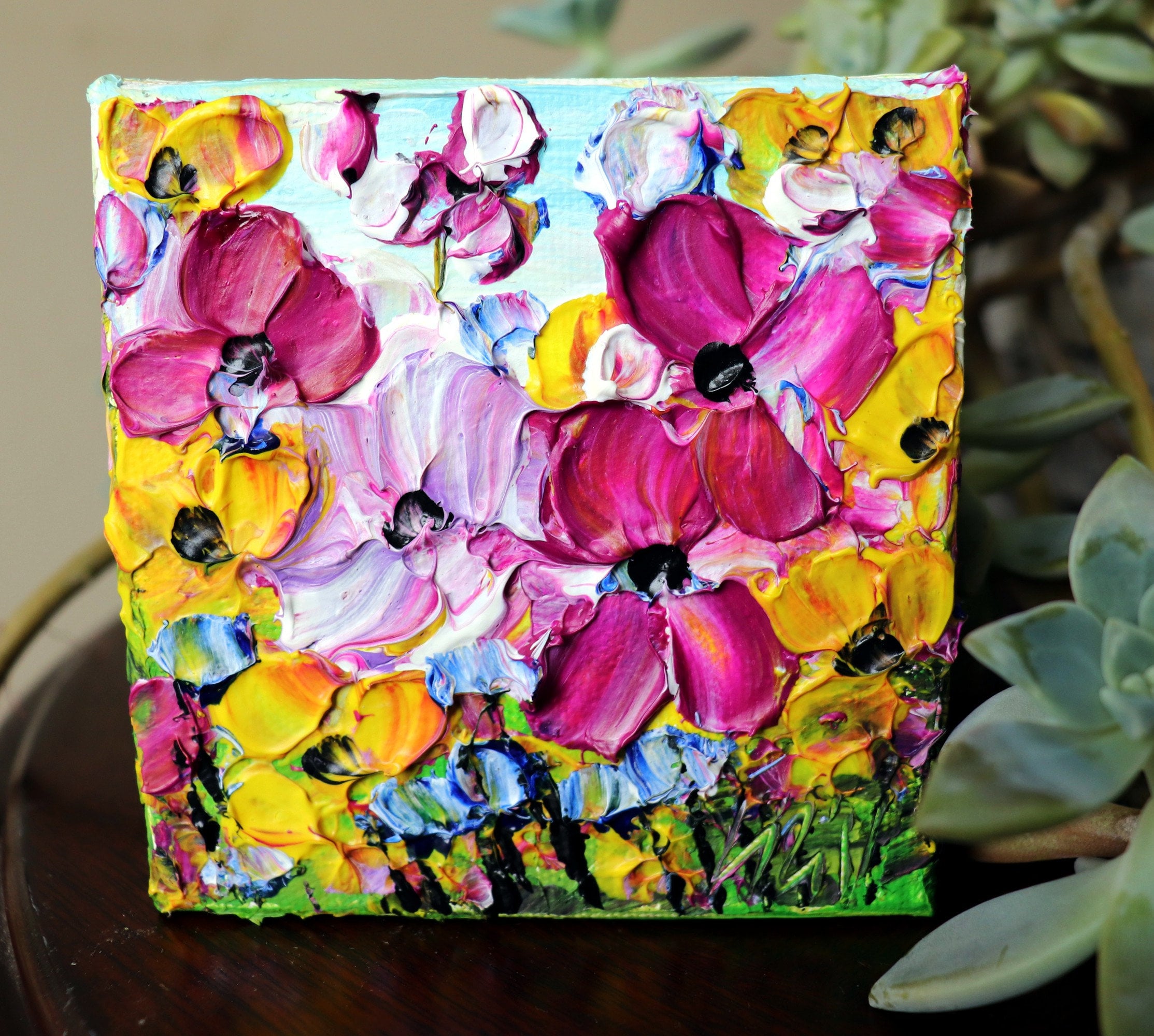 Original Oil Painting on Small Canvas, SPRING Petunia FLOWERS in White,  Yellow, Purple Colors, Art by Luiza Vizoli