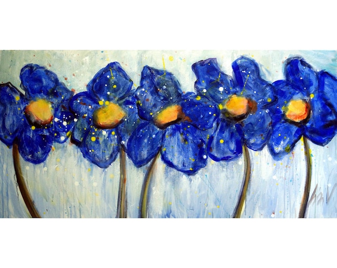 Original Painting BLUE POPPIES After Rain on White Large Canvas Art by Luiza Vizoli