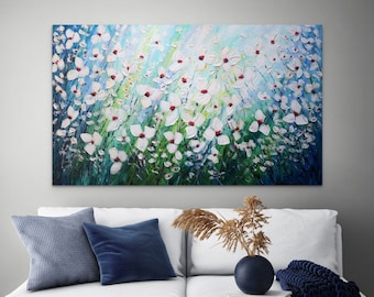 White Flowers Original Oil Painting on Canvas: 60x36 Modern Floral Art