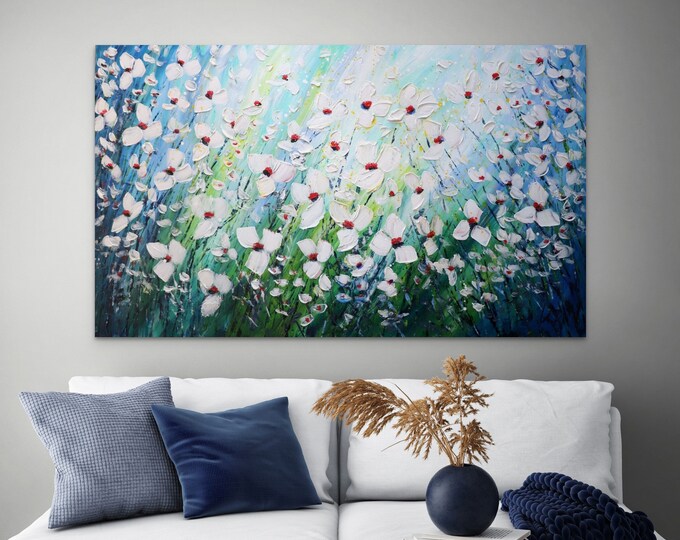 White Flowers Original Oil Painting on Canvas: 60x36 Modern Floral Art