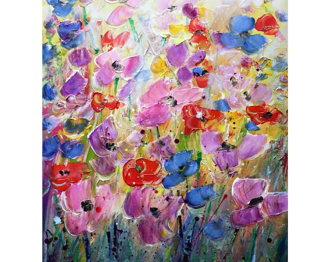 Pink Lavender Purple Yellow Blue Red Orange SUMMER FLOWERS Original Painting by Luiza Vizoli , hand painted, signed
