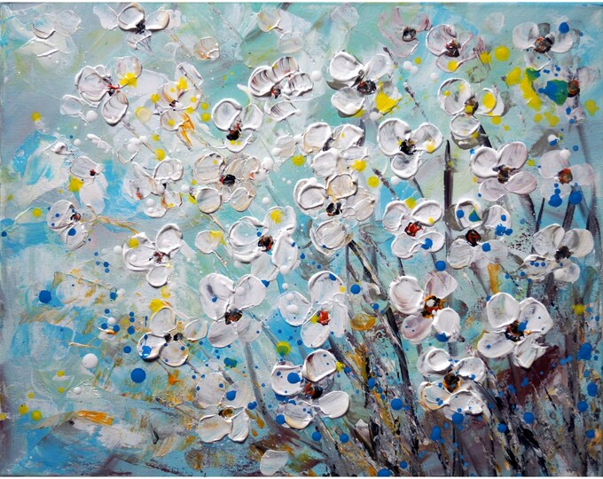 Flowers Carried by the Wind, DANCING on the WIND white Blue Flowers Impasto ORIGINAL Painting , gift for office