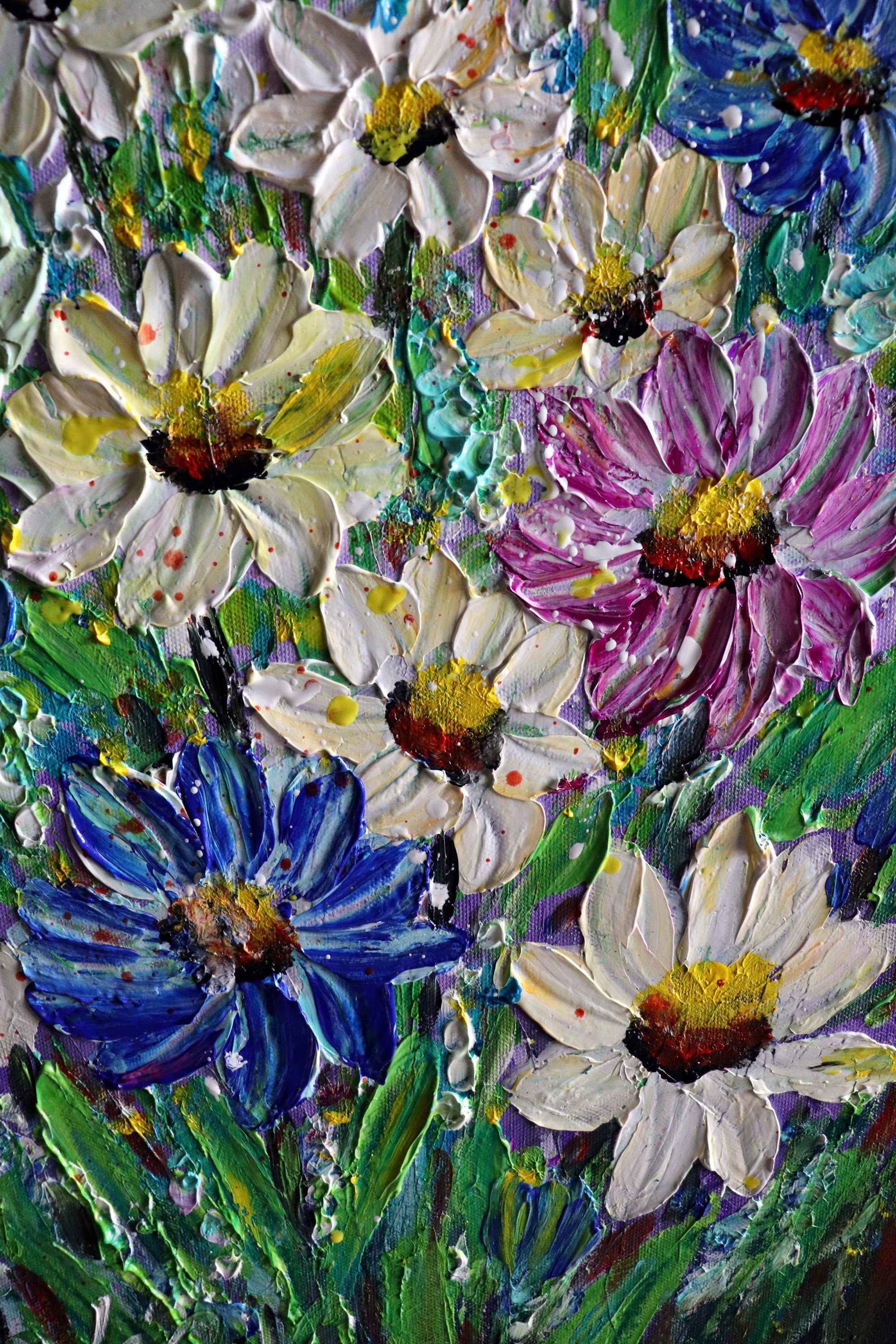 COUNTRY ZINNIAS CORNFLOWERS Original Oil Painting Square Canvas Flowers  Landscape Art by Luiza Vizoli